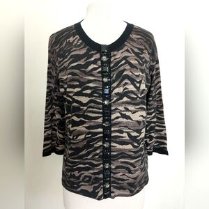Chicos Jeweled Snap Front Animal Print Cardigan Sweater 3/4 Sleeve Size 2=Large